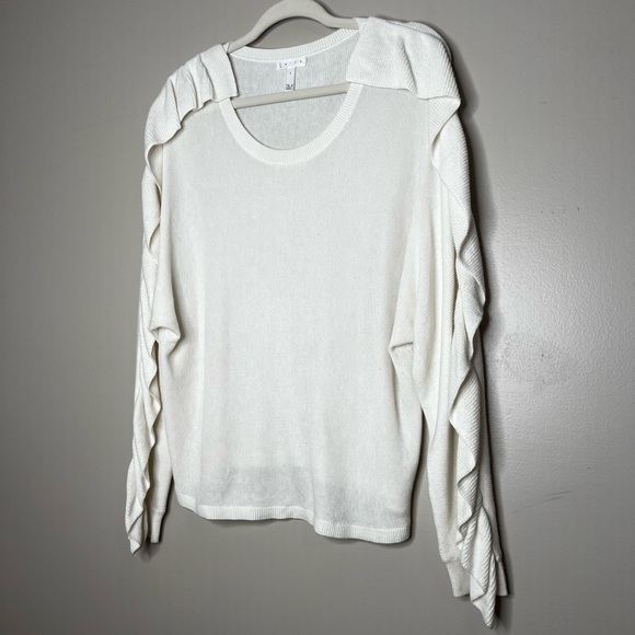 Leith Ruffle Sleeve Modal Cotton Long Sleeve Crewneck White Sweater Lightweight - Picture 3 of 11